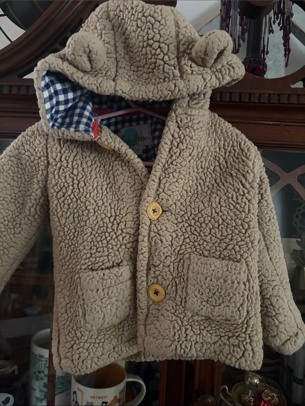 Baby Boden Cream Sherpa Hooded Jacket with Gingham Lining and Ear Hood